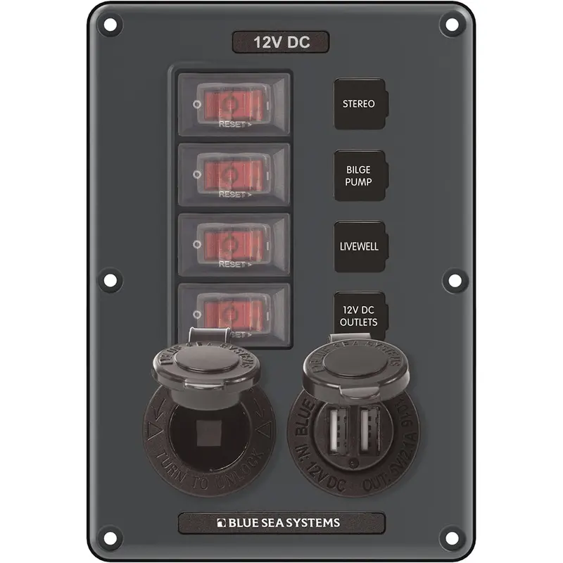 Blue Sea Systems 4-Position Gray Switch Panel With 12V Outlet And Dual Usb Charging Ports – Model 4321 1