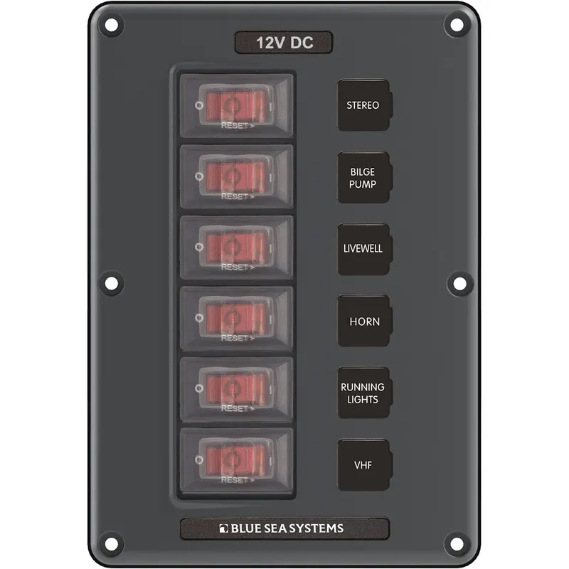Blue Sea Systems 6-Position Gray Circuit Breaker Distribution Panel – Model 4322 1