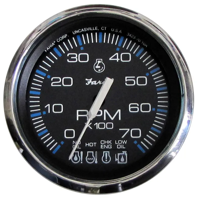 Faria Chesapeake Black Stainless Steel 4-Inch Gas Tachometer With Systemcheck Indicator – 7000 Rpm, Johnson/Evinrude-Compatible [33750] 1