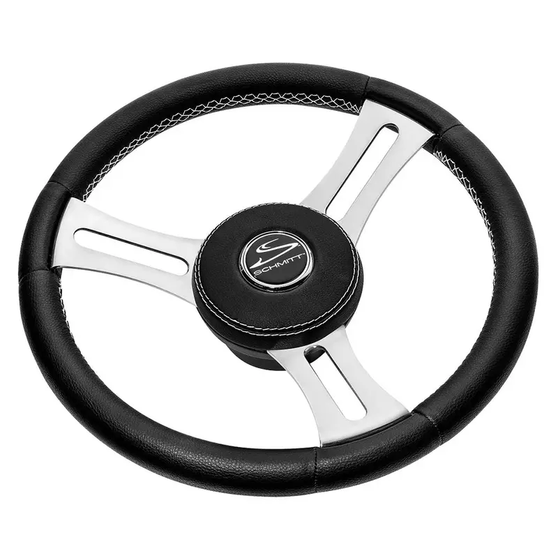 Schmitt Marine Torcello Elite 14" Steering Wheel – Black Leather Cap, White Stitching, Polished Stainless Spokes, 3/4" Tapered Shaft | Pu085241 1