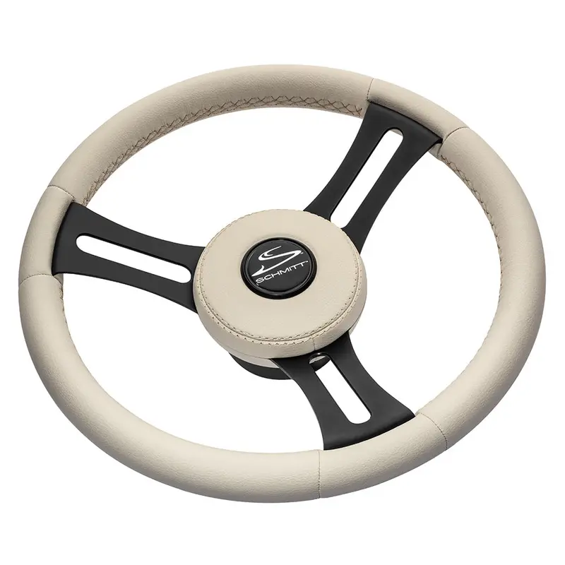 Schmitt Marine Torcello Elite 14" Wheel – Beige Leather Cap, White Stitching, Black Stainless Spokes, 3/4" Tapered Shaft | Pu081B11 1